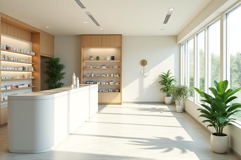Intérieur moderne et épuré d'une pharmacie ou d'un cabinet médical, avec des plantes