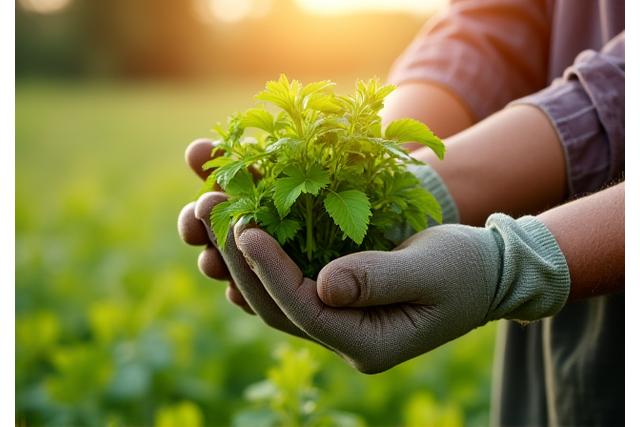 Main récoltant des plantes dans la nature