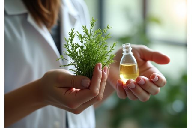 Mains d'expert tenant des plantes médicinales et des fioles de laboratoire