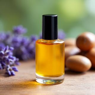 Flacon d'huile fortifiante pour les ongles, avec des ingrédients botaniques en arrière-plan.