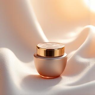 Petit flacon de contour des yeux posé sur une surface douce.