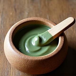 Masque purifiant à l'argile verte dans un bol en bois à côté d'une spatule.