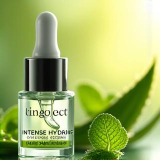 Flacon compte-gouttes de sérum hydratant avec des feuilles vertes en arrière-plan.